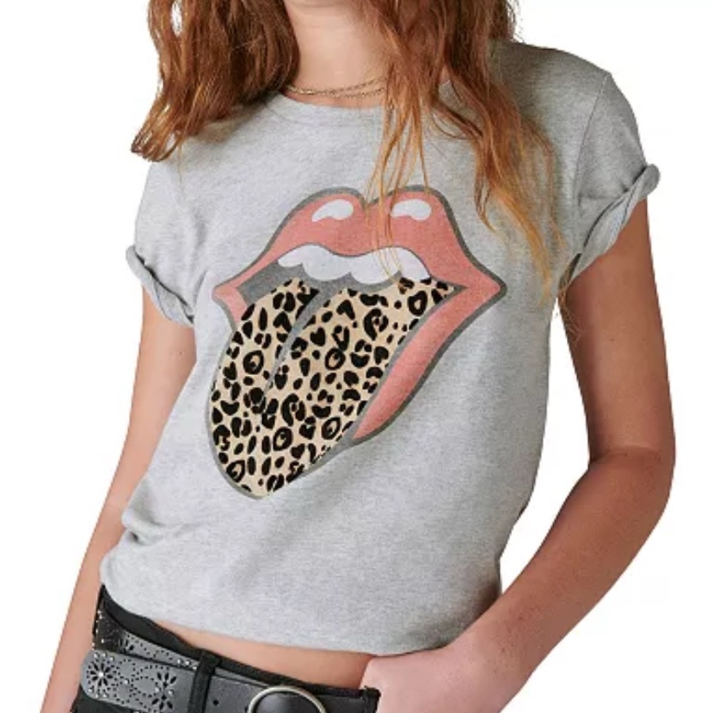Lucky Brand Gray Rolling Stones Fuzzy Animal Print Tee